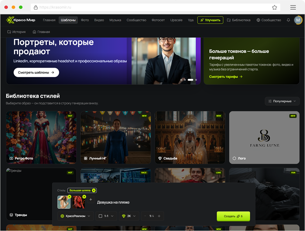 Студия генерации ИИ контента — интерфейс